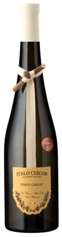 Wine bottle labeled 'Italo Cescon Pinot Grigio' with a white label on a black background