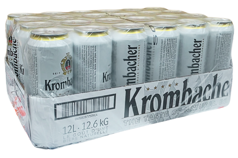 Pack of Krombacher beer cans with a cardboard box