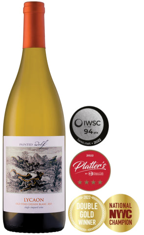 Wine bottle with a label and multiple awards on a white background