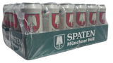 Pack of Spaten Münchner Hell beer cans in a green box.