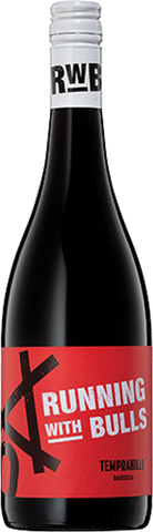 Wine bottle with red label and white cap labeled 'RWB Running with Bulls'.