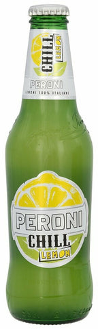 A bottle of Peroni Chill Lemon beer with a label showing a lemon slice, indicating a lemon-flavored beverage.