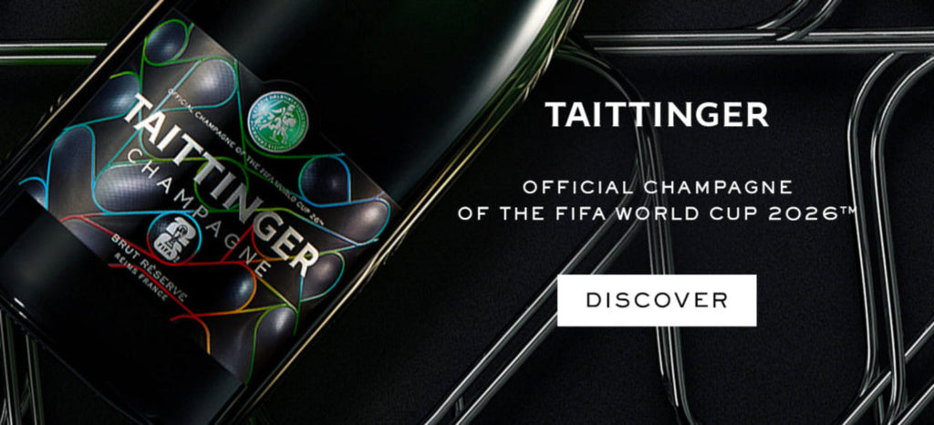Taittinger champagne bottle with branding and text on a black background