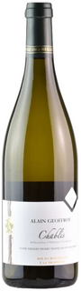 Bottle of Alain Geoffroy Chablis on white backgrounf 