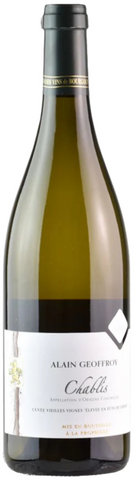 Bottle of Alain Geoffroy Chablis on white backgrounf 