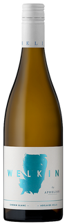 A bottle of Welkin by Aphellio Chardonnay Blanc wine, featuring a white label with a blue map graphic and a gold-colored glass bottle.