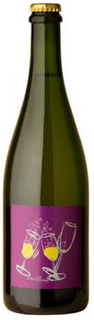 Wine bottle with a purple label featuring wine glass graphics on a white background