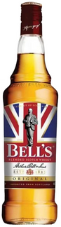 Bottle of Bell's whisky with a Union Jack label on a white background