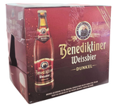 Packaging of Benediktiner Weissbier Dunkel beer with a bottle illustration on a red background.