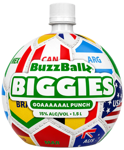 Ball-shaped container with 'BuzzBall Biggies' branding on a white background