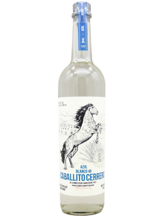 Bottle of Azul Blanco Anejo Caballito Guerrero with a horse illustration on the label against a white background