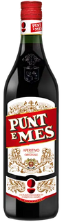 Bottle of Punt e Mes aperitivo with red cap and label on a black background