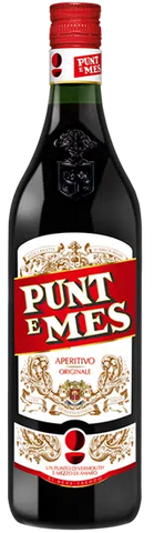 Bottle of Punt e Mes aperitivo with red cap and label on a black background