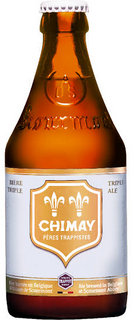 A bottle of Chimay Peres Trappistes Triple Ale beer, featuring an amber glass bottle with a white and gold label, set against a plain white background.