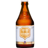 A bottle of Chimay Triple Ale beer in an amber glass bottle with a white and gold label, shown against a plain white background.