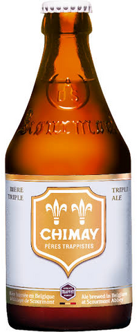A bottle of Chimay Peres Trappistes Triple Ale beer, featuring an amber glass bottle with a white and gold label, set against a plain white background.