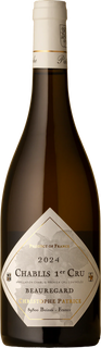 A bottle of Christophe Patrice Chablis 1er Cru 2024 white wine, featuring a dark brown glass bottle, a cream-colored neck label, and a prominent diamond-shaped white label with gold text.