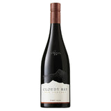 A bottle of Cloudy Bay Pinot Noir red wine from New Zealand, featuring a dark glass bottle, a white label with black text and a mountain graphic, and a copper-colored foil capsule at the neck, set against a plain white background.