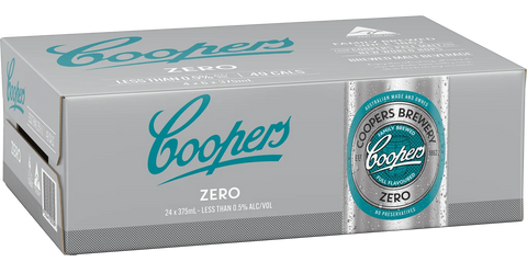 Box of Coopers Zero beer cans on a white background