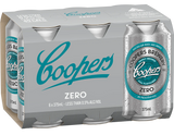 Pack of Coopers Zero beer cans on a white background