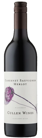 Wine bottle with a label featuring a purple flower design on a white background