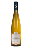 A bottle of Alsace Schlumberger Pinot Gris white wine by Domaines Schlumberger, featuring a pale golden-yellow liquid, a white label with orange accents, and a dark blue capsule cap with gold lettering.
