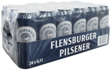 Pack of Flensburger Pilsener beer cans with a clear plastic wrap.