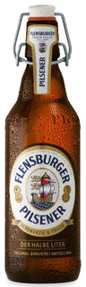 Fleinsburger Pilsener beer bottle with a white background