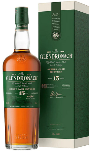 Glendronach 15-year-old whisky bottle and box on a white background