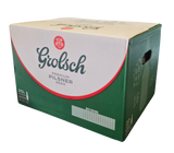 A large cardboard shipping box for Grolsch Premium Pilsner Beer, featuring the green and white brand packaging with a red curved stripe and a small red circular logo.