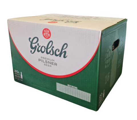 A large cardboard shipping box for Grolsch Premium Pilsner Beer, featuring the green and white brand packaging with a red curved stripe and a small red circular logo.