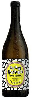 A bottle of Heaps Hope's 'Heaps Normal' Prosecco with a black cap and a black, white, and yellow label, shown against a plain white background.