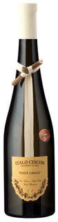 Wine bottle labeled 'Italo Cescon Pinot Grigio' with a white label on a black background