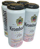 Six-pack of Krombacher Pils beer cans on a white background