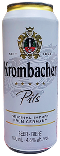 Krombacher Pils beer can with branding and product details.