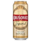 A single can of Kružovice Imperial Pale Lager beer, featuring a metallic gold design with a bold red horizontal band and white lettering, set against a plain white background.