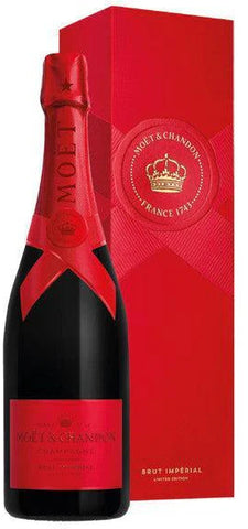 Moet & Chandon champagne bottle with red foil and packaging on a white background