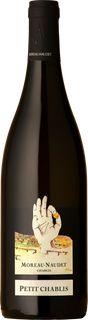 A bottle of Moreau-Naudet Crèves Petit Chablis red wine, featuring a dark glass bottle with a black capsule and a white label depicting a hand holding a gold ring.