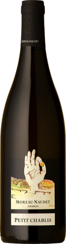 A bottle of Moreau-Naudet Crèves Petit Chablis red wine, featuring a dark glass bottle with a black capsule and a white label depicting a hand holding a gold ring.
