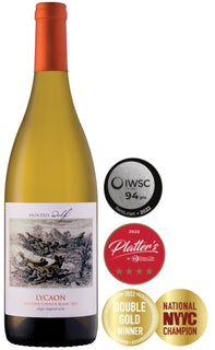 Wine bottle with a label and multiple awards on a white background