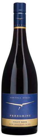 Peregrine Pinot Noir wine bottle with blue label on a white background