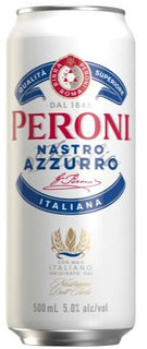 A 500ml can of Peroni Nastro Azzurro beer with a white background.