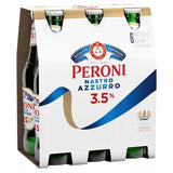 Peroni Nastro Azzurro beer packaging with six bottles inside a cardboard holder.