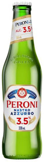 Green Peroni beer bottle on a white background