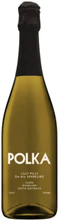 Bottle of Polka sparkling wine with a black label on a white background