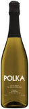 Bottle of Polka sparkling wine with a black label on a white background