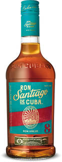 Bottle of Ron Santiago de Cuba rum with a blue label