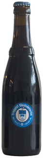 Dark glass bottle with a blue label on a light background