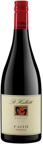 Red wine bottle with a visible label on a white background