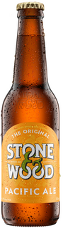 Brown bottle of Stone & Wood Pacific Ale with a gold cap on a white background